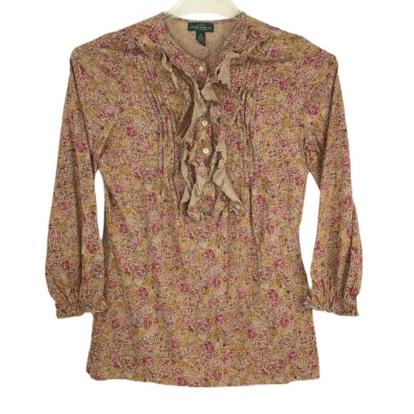 Lauren Ralph Lauren Ruffle Front Top Floral Paisley Boho 80s 90s Office Medium - Picture 1 of 9